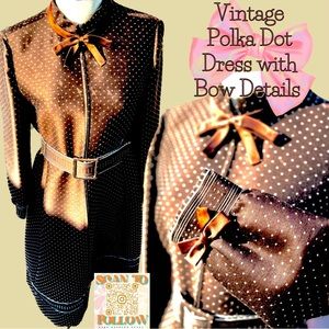 𝅺DENISE VINTAGE POLKA DOT BELTED DRESS WITH BOW DETAILING
